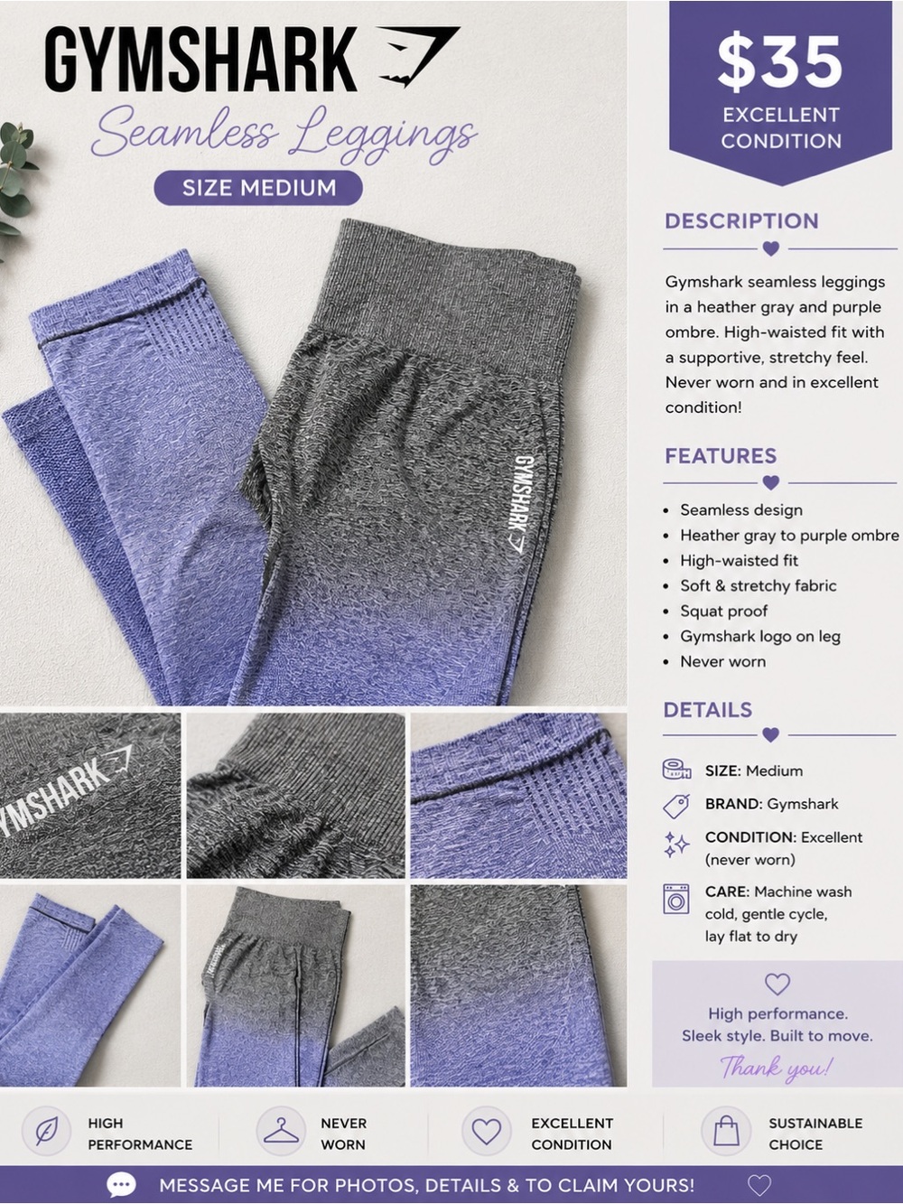 Gymshark women's Seamless Ombre Leggings - Heather Gray to Purple, Medium
